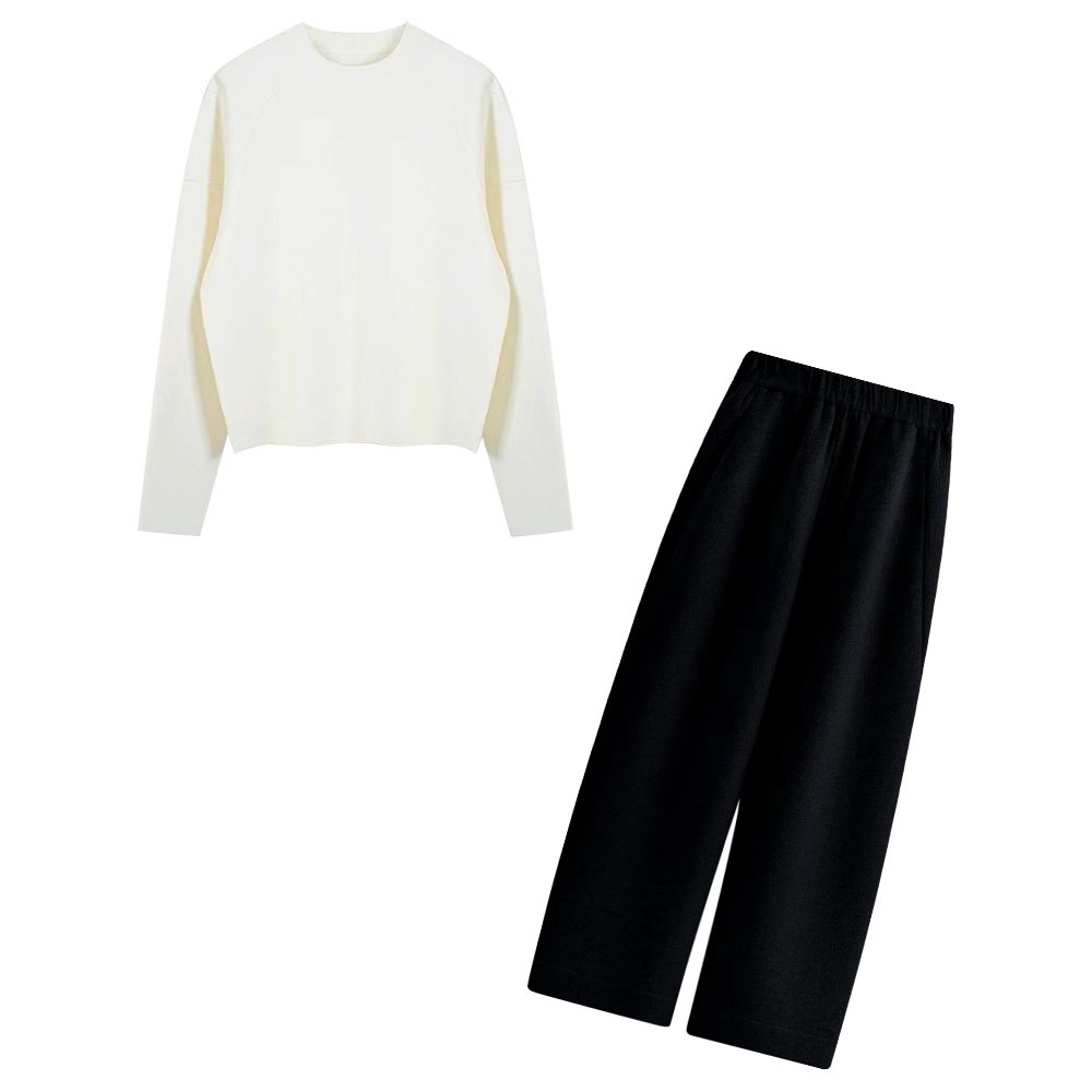 秋冬季休閒時尚套組｜黑色&白色長袖毛衣｜灰色&黑色寬鬆直筒長褲｜免搭配日常穿搭簡約兩件套