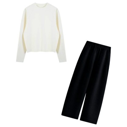 秋冬季休閒時尚套組｜黑色&白色長袖毛衣｜灰色&黑色寬鬆直筒長褲｜免搭配日常穿搭簡約兩件套
