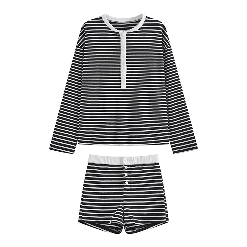 春夏慵懶風條紋套裝｜黑白寬鬆長袖T恤 + 高腰直筒短褲｜休閒顯瘦兩件組