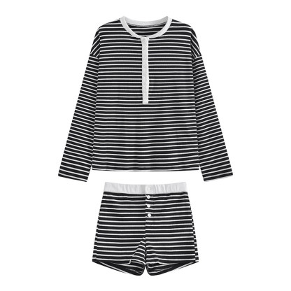 春夏慵懶風條紋套裝｜黑白寬鬆長袖T恤 + 高腰直筒短褲｜休閒顯瘦兩件組