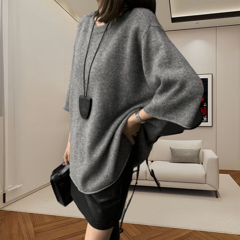 【現貨】慵懶風春秋兩件套 五分袖針織衫女 外穿高腰顯瘦皮短褲 純色毛衣黑色皮褲