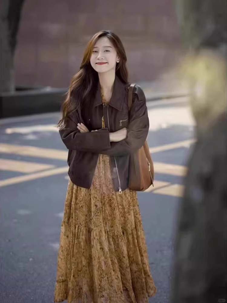 法式復古 美拉德套裝 PU咖色皮衣 碎花雪紡洋裝連衣裙