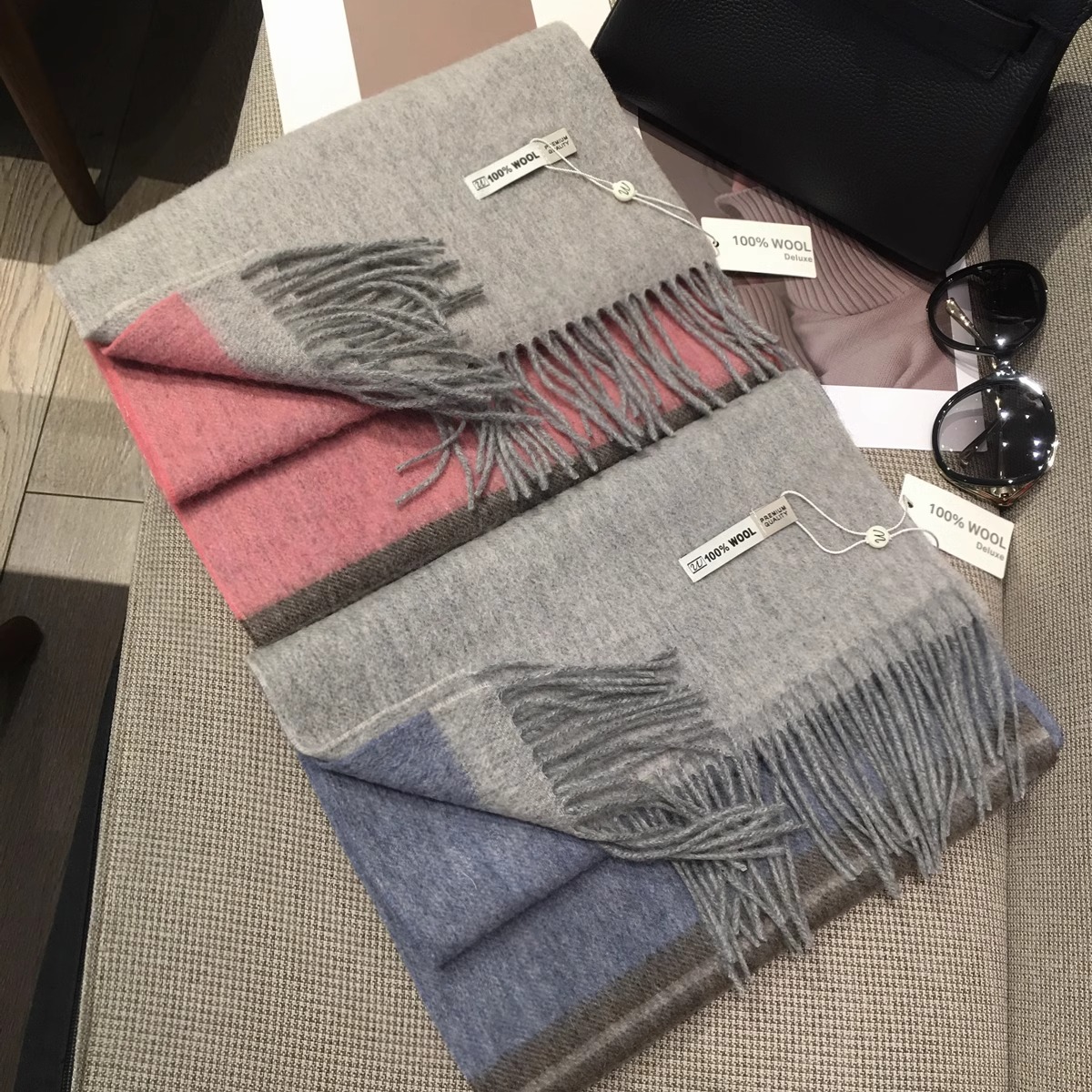 【現貨】秋冬季新款純色雙面拼色100%羊毛圍巾 羊絨披肩兩用圍脖