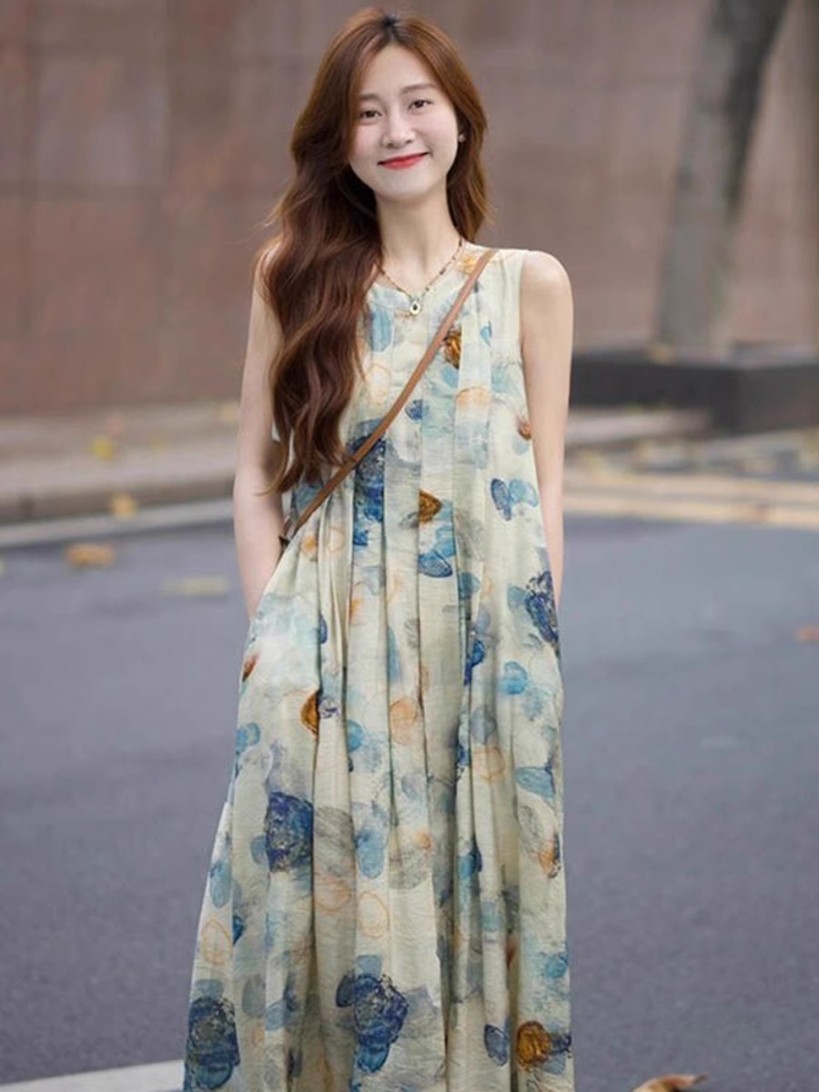 高級感減齡套裝 深藍牛仔外套 水墨畫連衣裙 碎花長裙