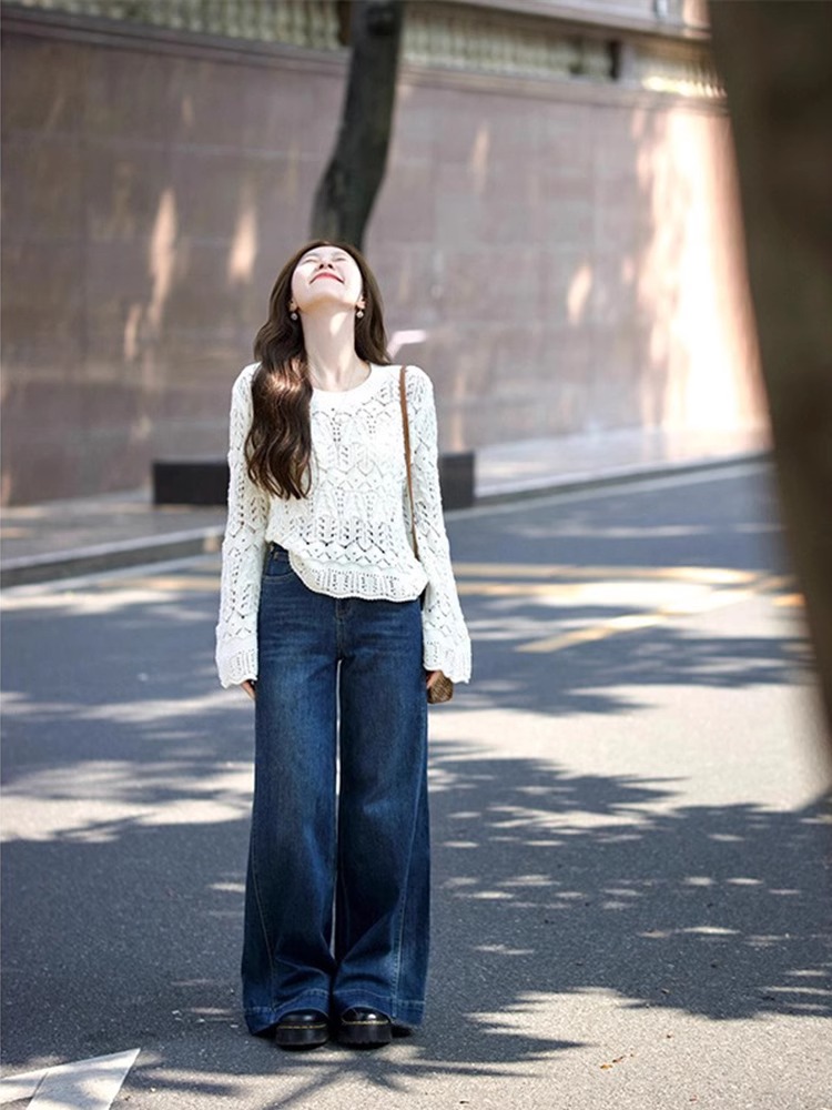 法式鏤空針織上衣 闊腿牛仔褲