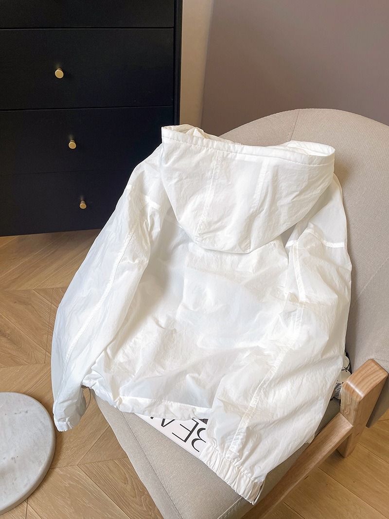 白色薄款防曬衣 女夏季抽繩連帽寬鬆風衣 透氣長袖上衣外套