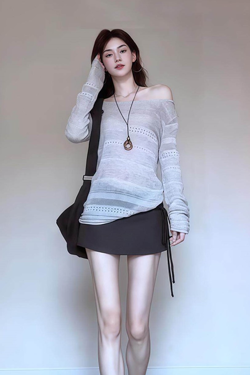 純欲慵懶時尚套裝 |  肌理鏤空微透防曬針織上衣+綁帶短裙褲