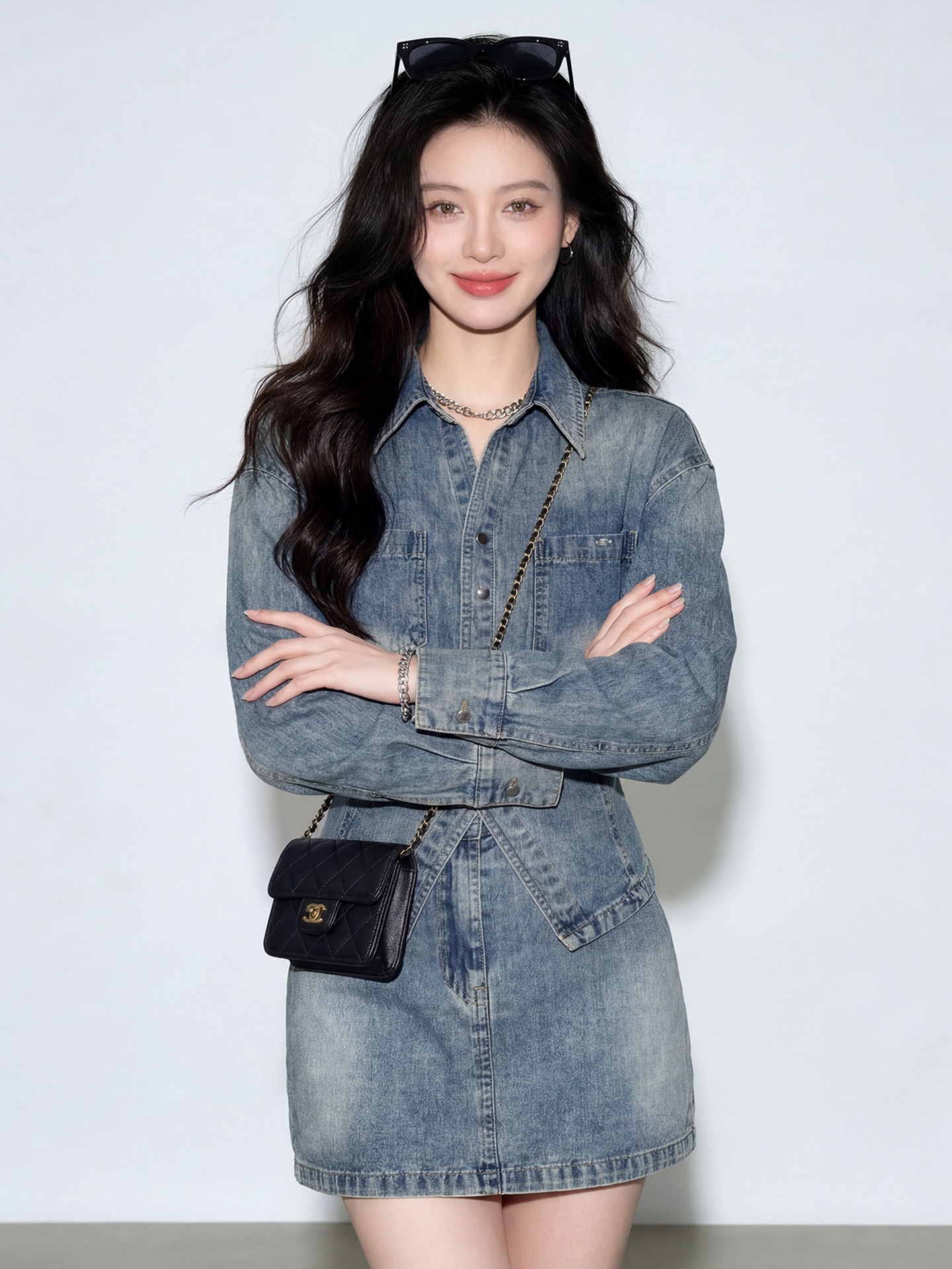 韓系顯瘦牛仔套組 | 氣質收腰牛仔襯衫+牛仔短裙