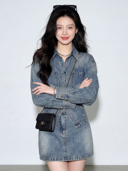 韓系顯瘦牛仔套組 | 氣質收腰牛仔襯衫+牛仔短裙