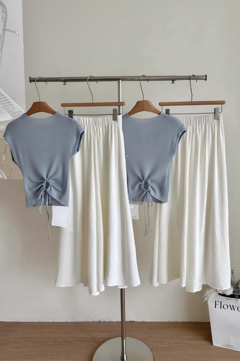 【預售】韓系清新OOTD套裝｜藍色圓領飛袖背心｜白色高腰半身裙