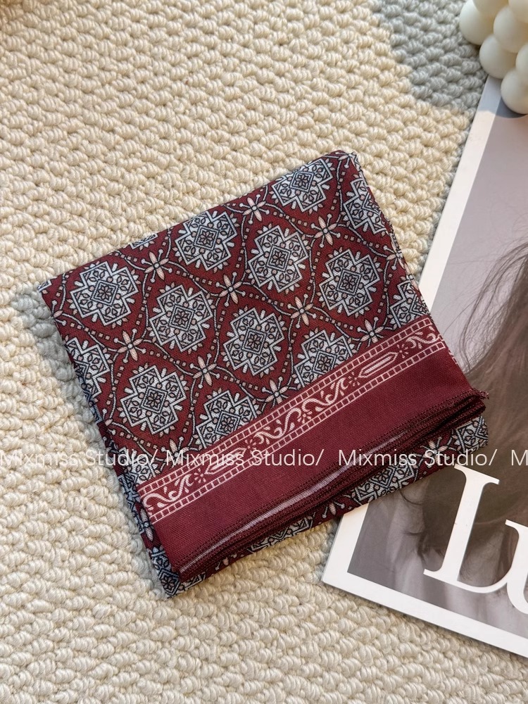 【現貨】文藝疊穿小方巾 復古熱巧棕棉方巾 小領巾 髮帶