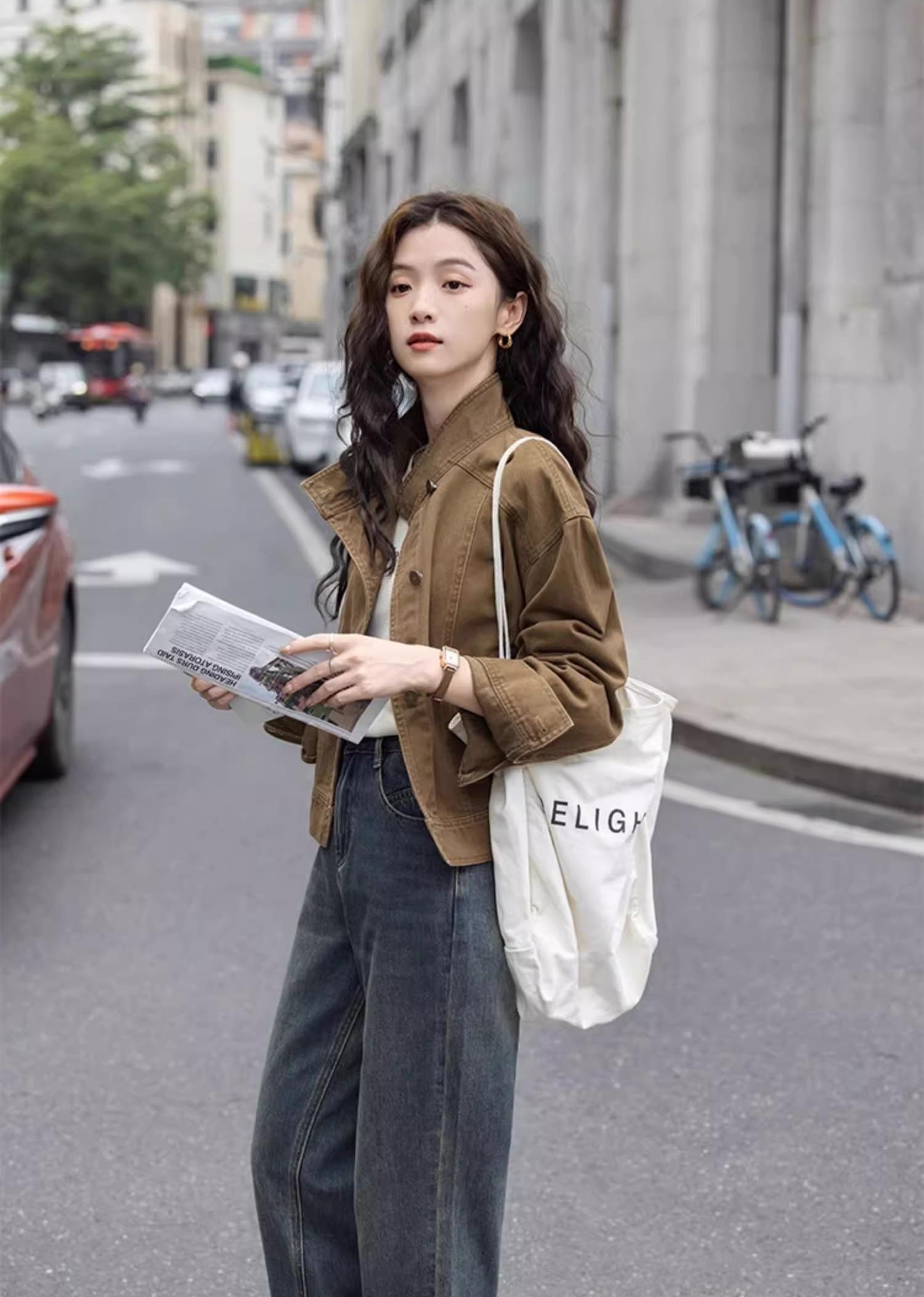 【現貨】復古茶咖色  巴恩風工裝夾克上衣 牛仔短外套 高品質