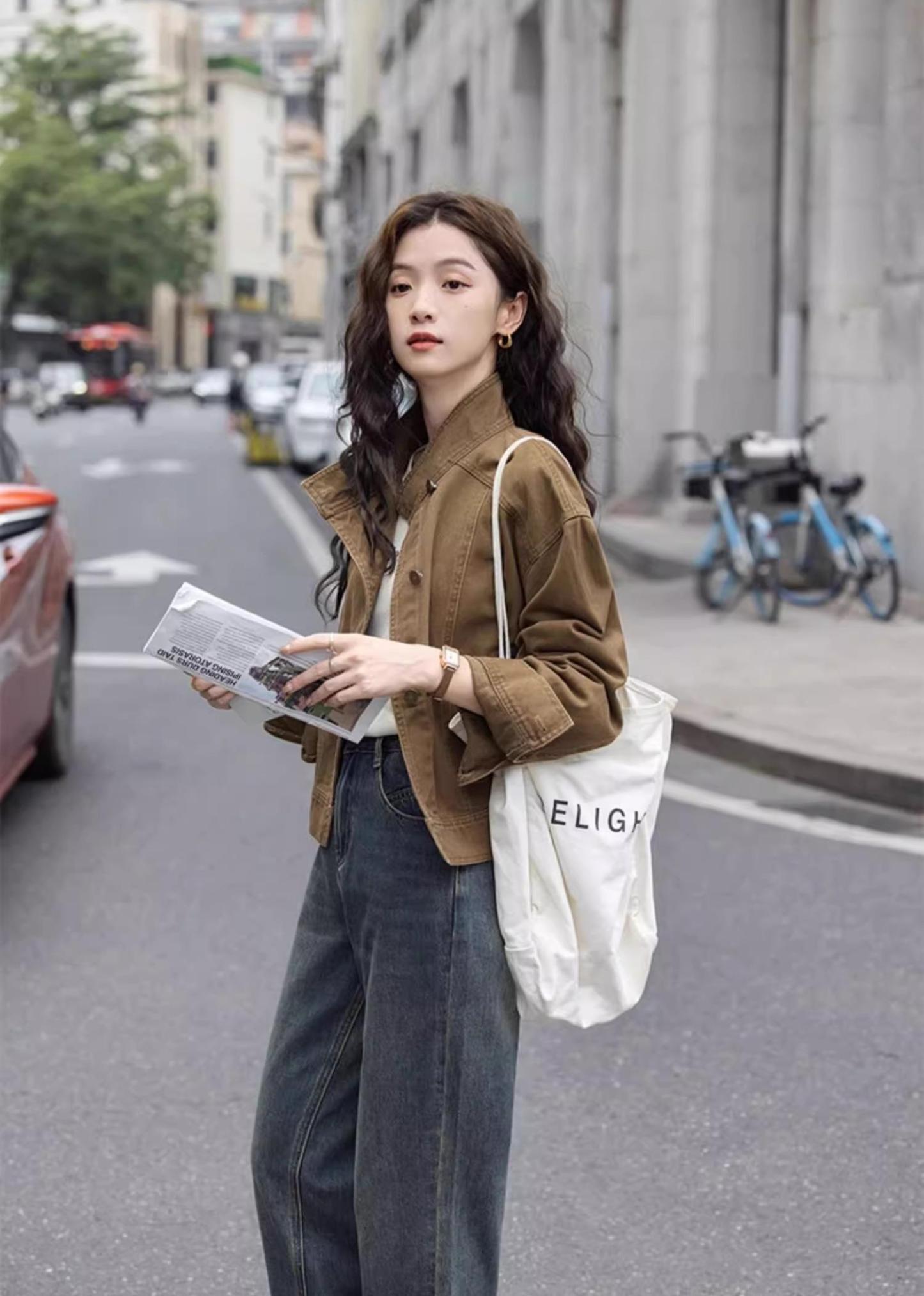 【現貨】復古茶咖色  巴恩風工裝夾克上衣 牛仔短外套 高品質