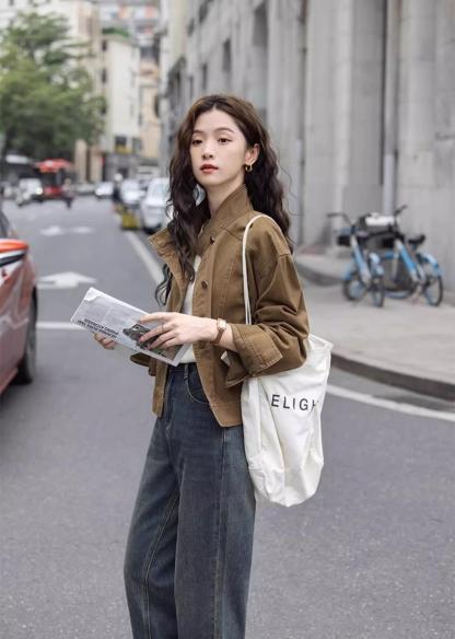 【現貨】復古茶咖色  巴恩風工裝夾克上衣 牛仔短外套 高品質