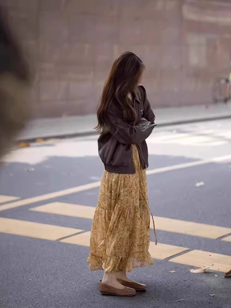 法式復古 美拉德套裝 PU咖色皮衣 碎花雪紡洋裝連衣裙