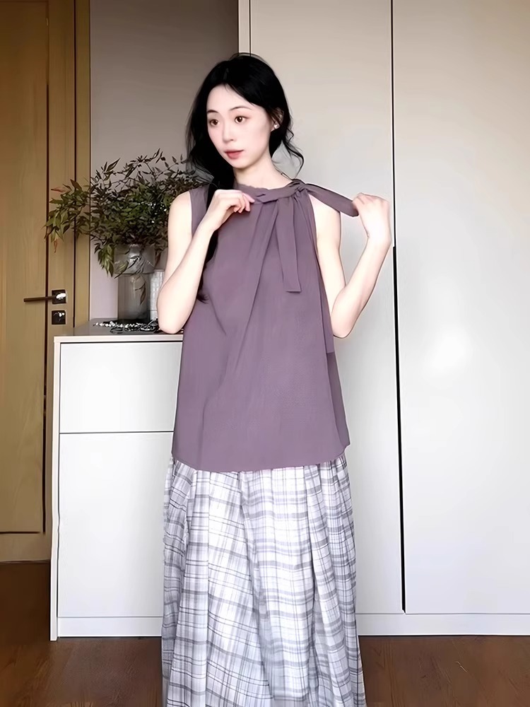 夏季韓系穿搭一整套 紫色無袖綁帶上衣 格子半身裙 兩件套
