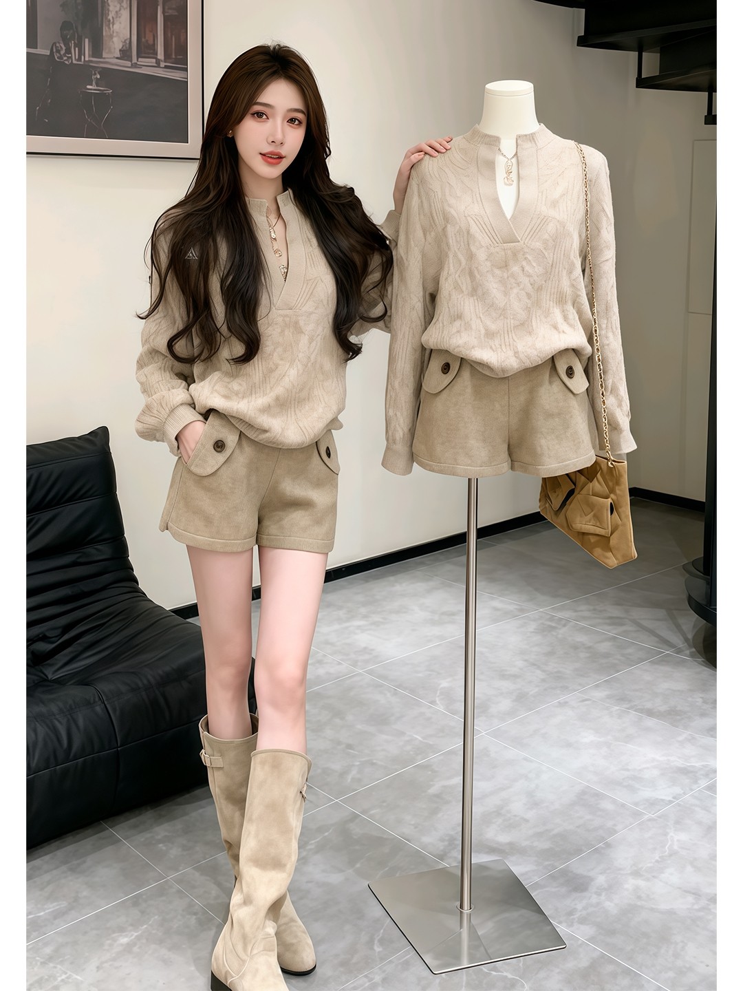 韓系慵懶穿搭組｜針織上衣+休閒短褲