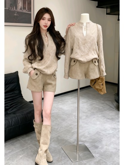 韓系慵懶穿搭組｜針織上衣+休閒短褲