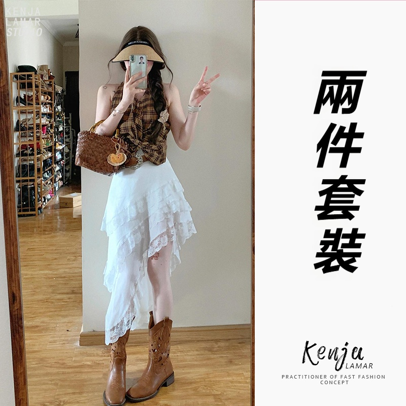 港風復古套裝 格紋掛脖背心上衣 時尚不規則蕾絲花邊半身裙 春季兩件套裝