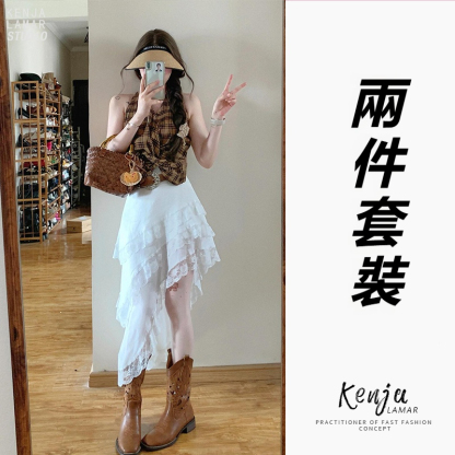 港風復古套裝 格紋掛脖背心上衣 時尚不規則蕾絲花邊半身裙 春季兩件套裝