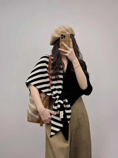 法式慵懶風｜羊毛混紡條紋圍巾披肩｜保暖百搭
