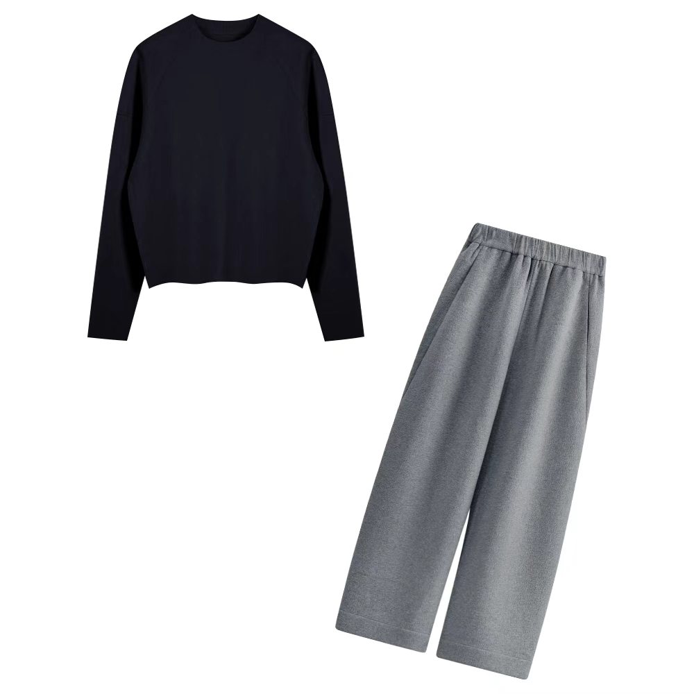 秋冬季休閒時尚套組｜黑色&白色長袖毛衣｜灰色&黑色寬鬆直筒長褲｜免搭配日常穿搭簡約兩件套