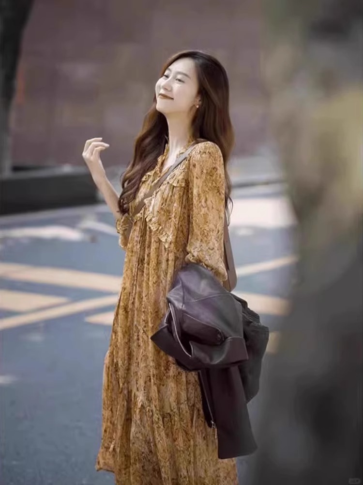 法式復古 美拉德套裝 PU咖色皮衣 碎花雪紡洋裝連衣裙