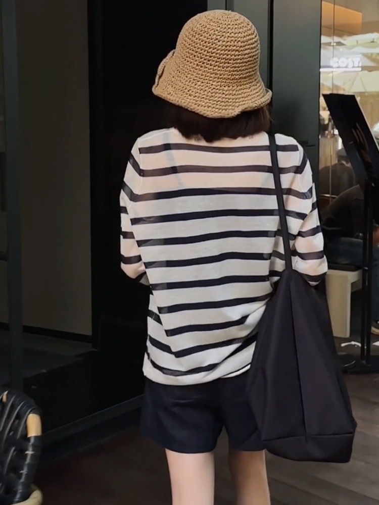 爆款100%天絲面料針織衫 撞色條紋防曬罩衫 復古純棉闊腿短褲