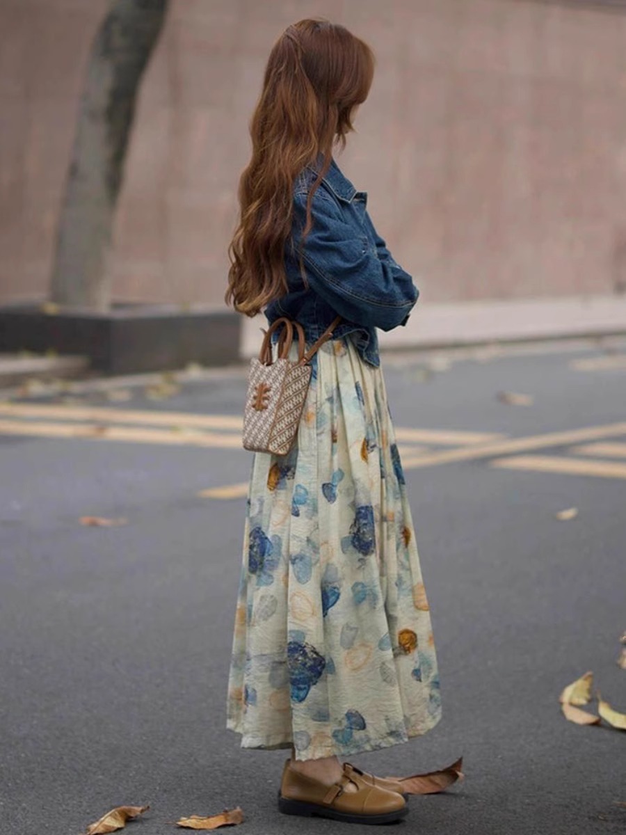 高級感減齡套裝 深藍牛仔外套 水墨畫連衣裙 碎花長裙