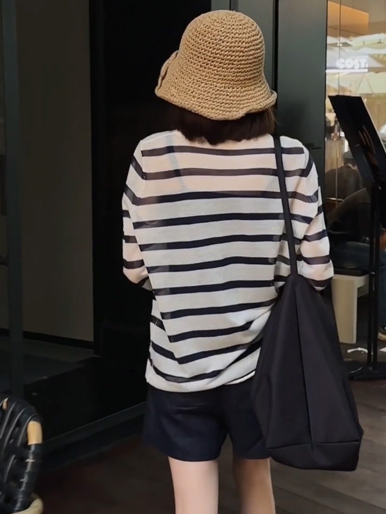 爆款100%天絲面料針織衫 撞色條紋防曬罩衫 復古純棉闊腿短褲