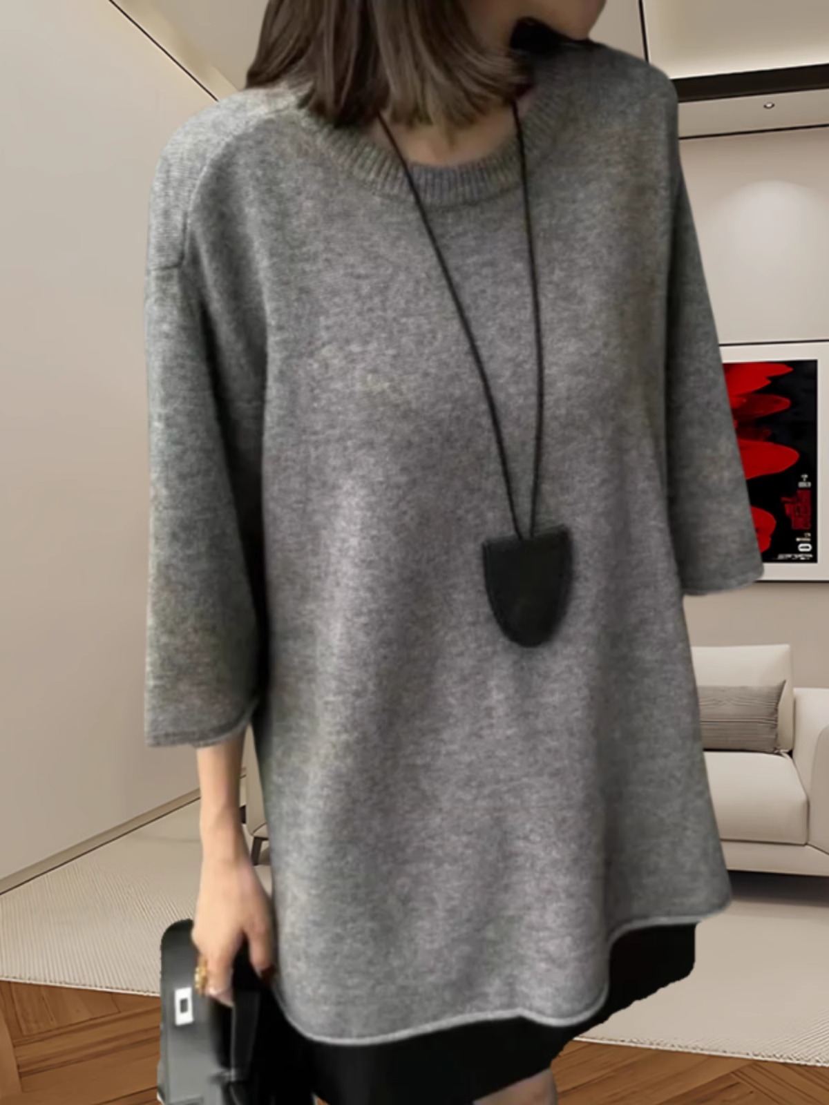 【現貨】慵懶風春秋兩件套 五分袖針織衫女 外穿高腰顯瘦皮短褲 純色毛衣黑色皮褲