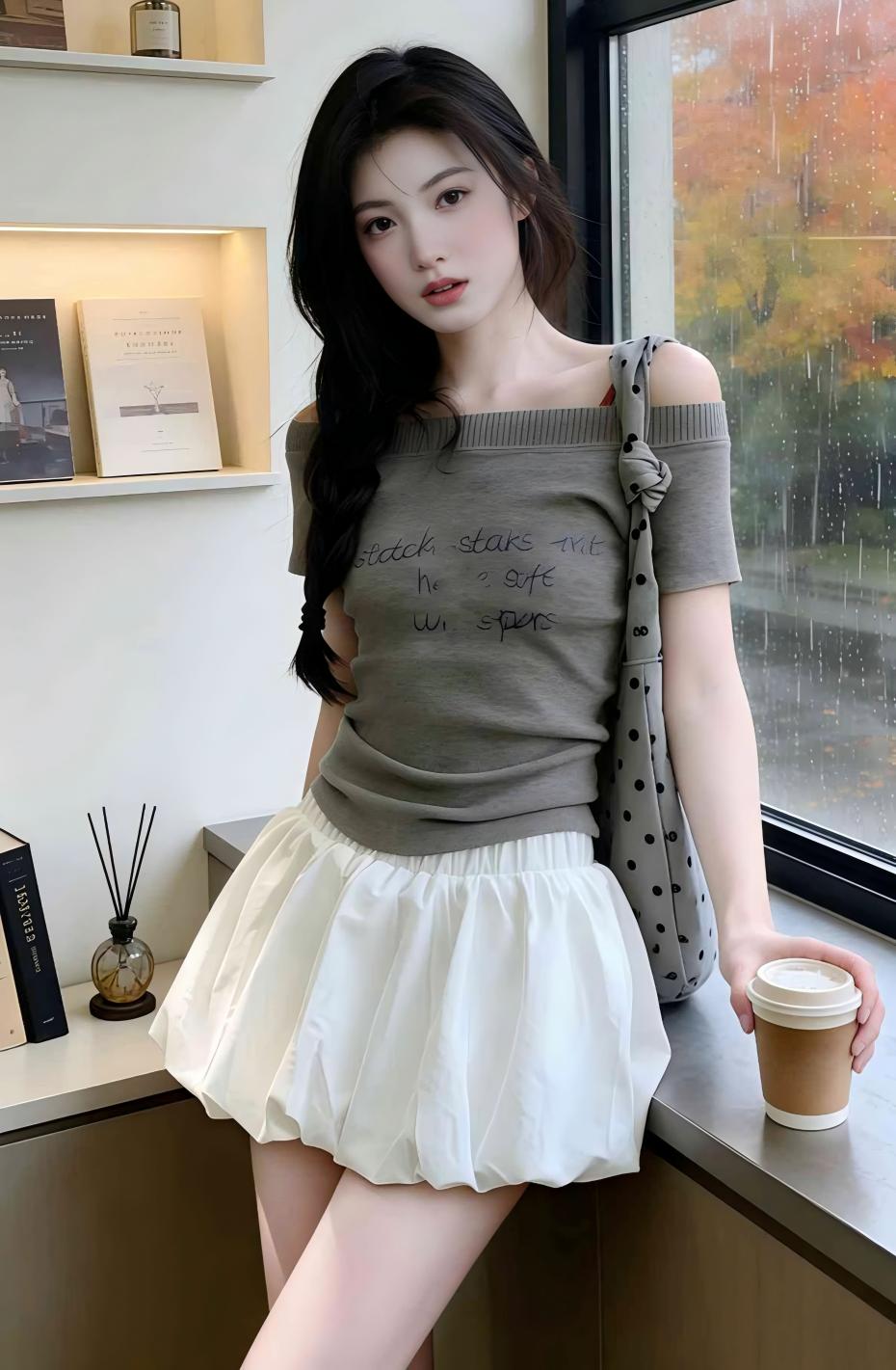 春夏韓系溫柔風氣質套裝｜字母刺绣針織短袖｜高腰白色短裙｜時尚一整套兩件組