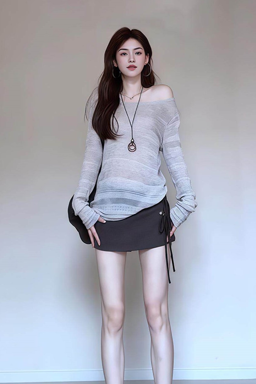 純欲慵懶時尚套裝 |  肌理鏤空微透防曬針織上衣+綁帶短裙褲