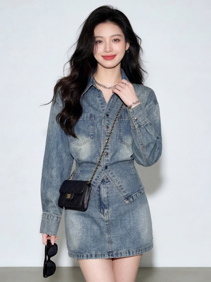 韓系顯瘦牛仔套組 | 氣質收腰牛仔襯衫+牛仔短裙