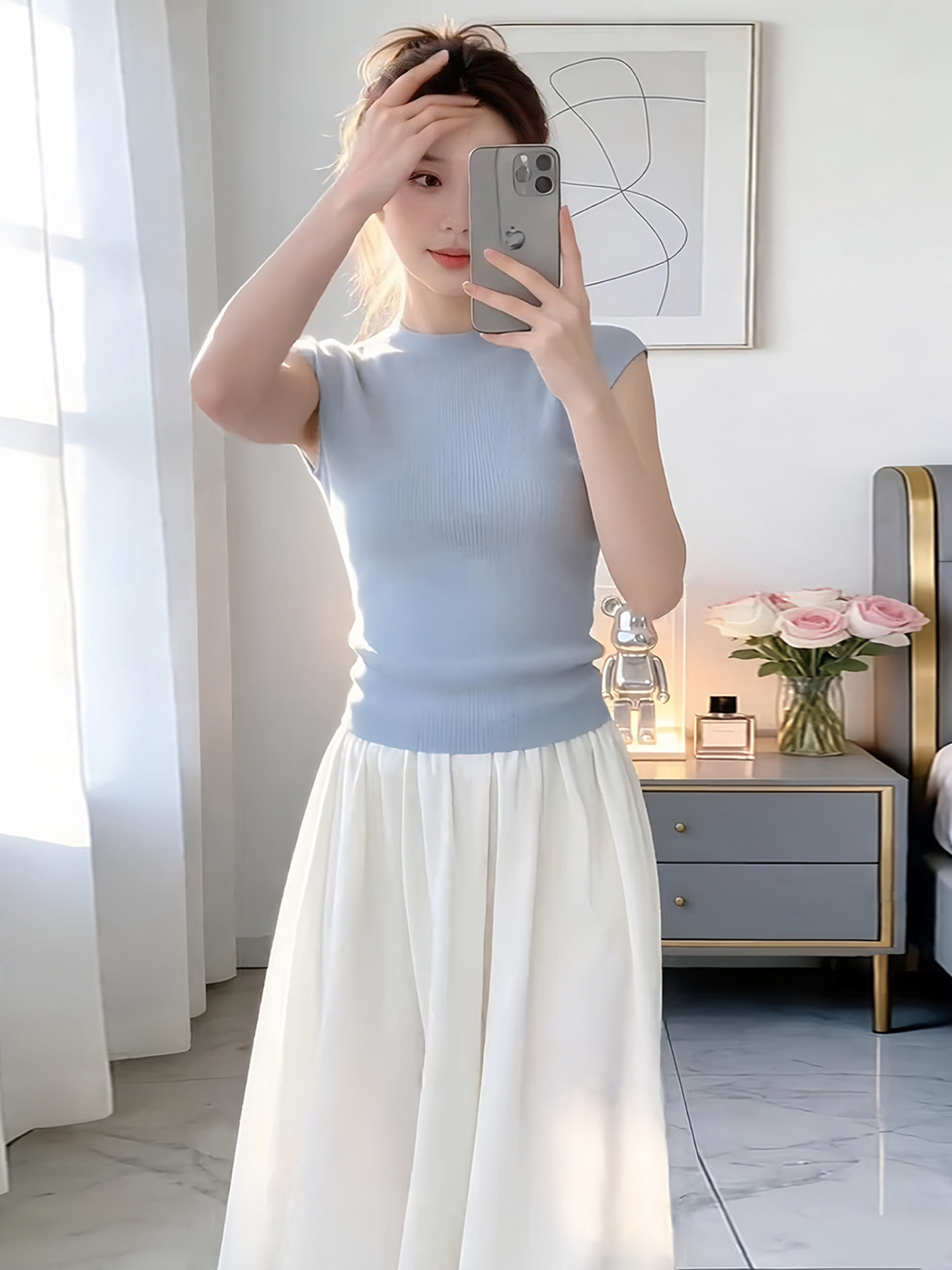 【預售】韓系清新OOTD套裝｜藍色圓領飛袖背心｜白色高腰半身裙