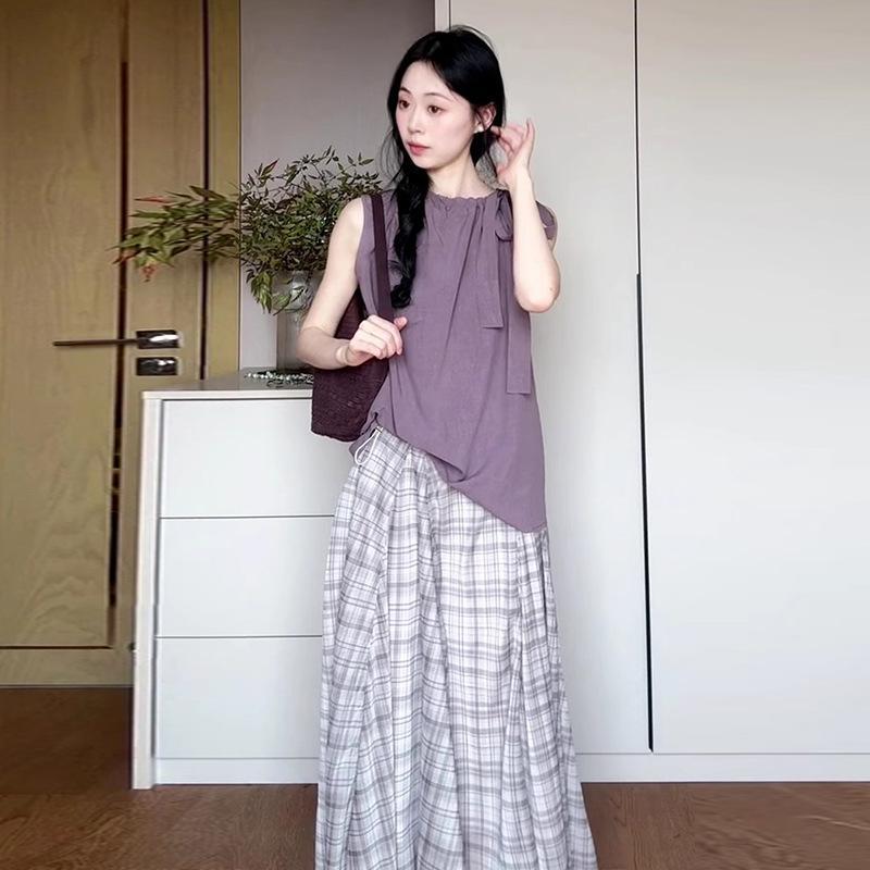 夏季韓系穿搭一整套 紫色無袖綁帶上衣 格子半身裙 兩件套