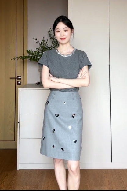 小眾設計亮片圓領灰色上衣 灰色半身裙 OL通勤 夏季高級格雷係