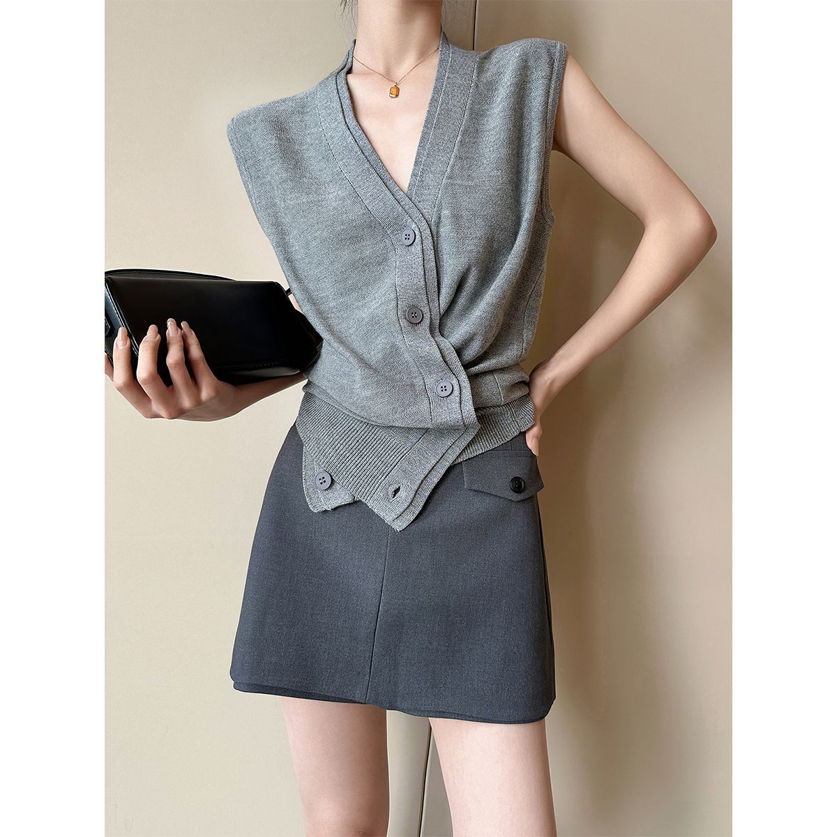 夏季薄款針織開衫 | 拼接假兩件上衣