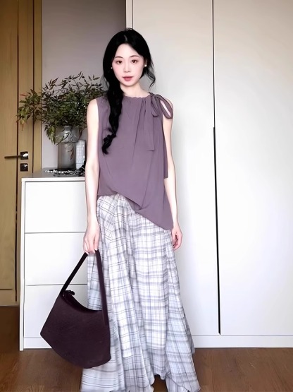 夏季韓系穿搭一整套 紫色無袖綁帶上衣 格子半身裙 兩件套