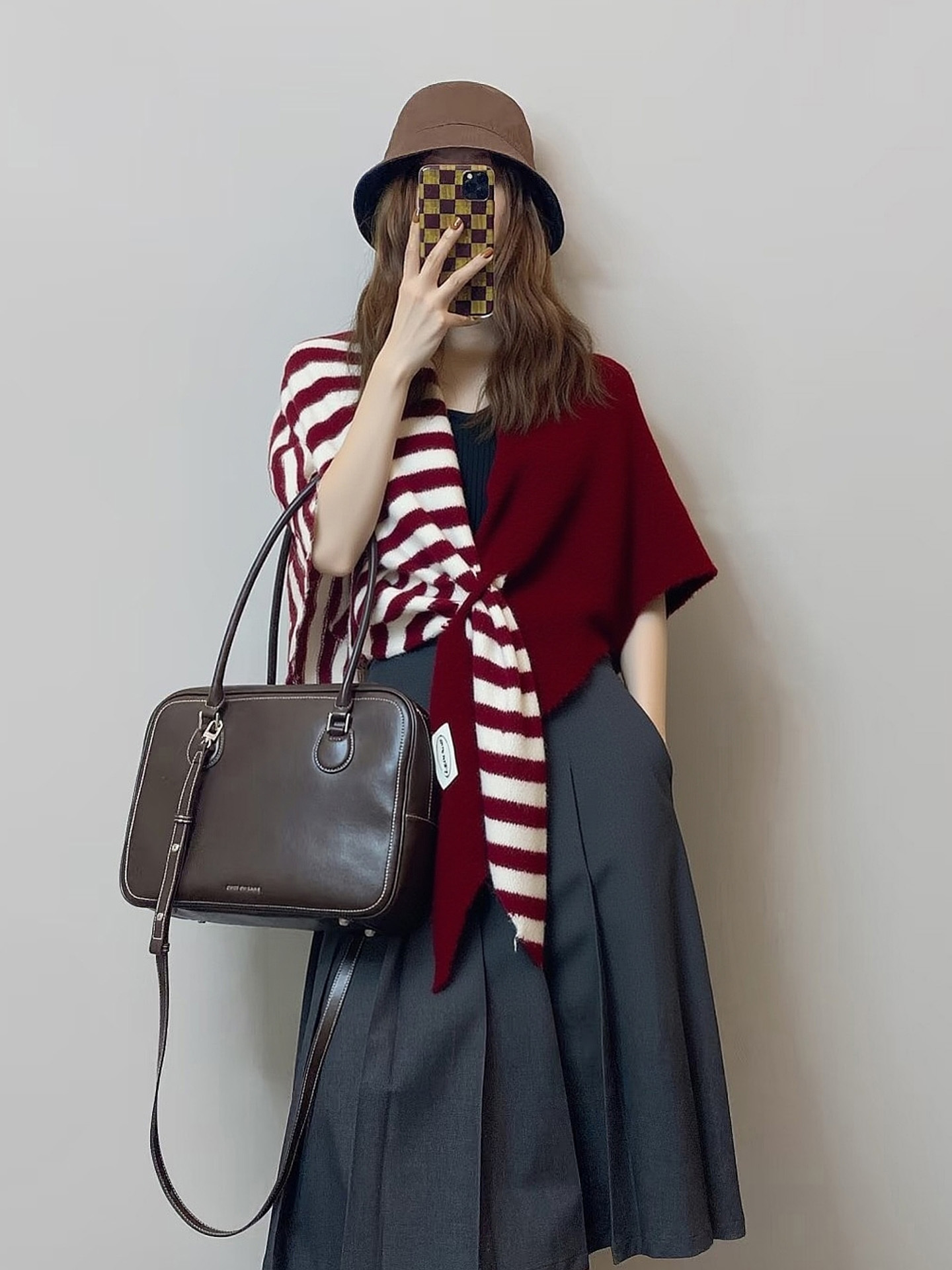 法式慵懶風｜羊毛混紡條紋圍巾披肩｜保暖百搭