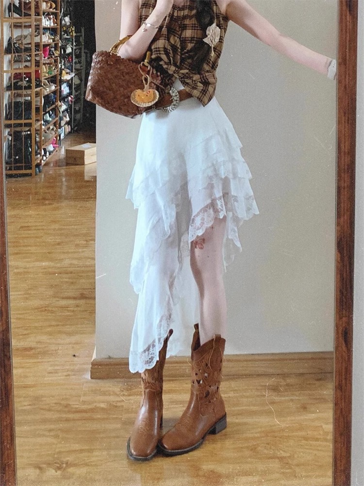 港風復古套裝 格紋掛脖背心上衣 時尚不規則蕾絲花邊半身裙 春季兩件套裝
