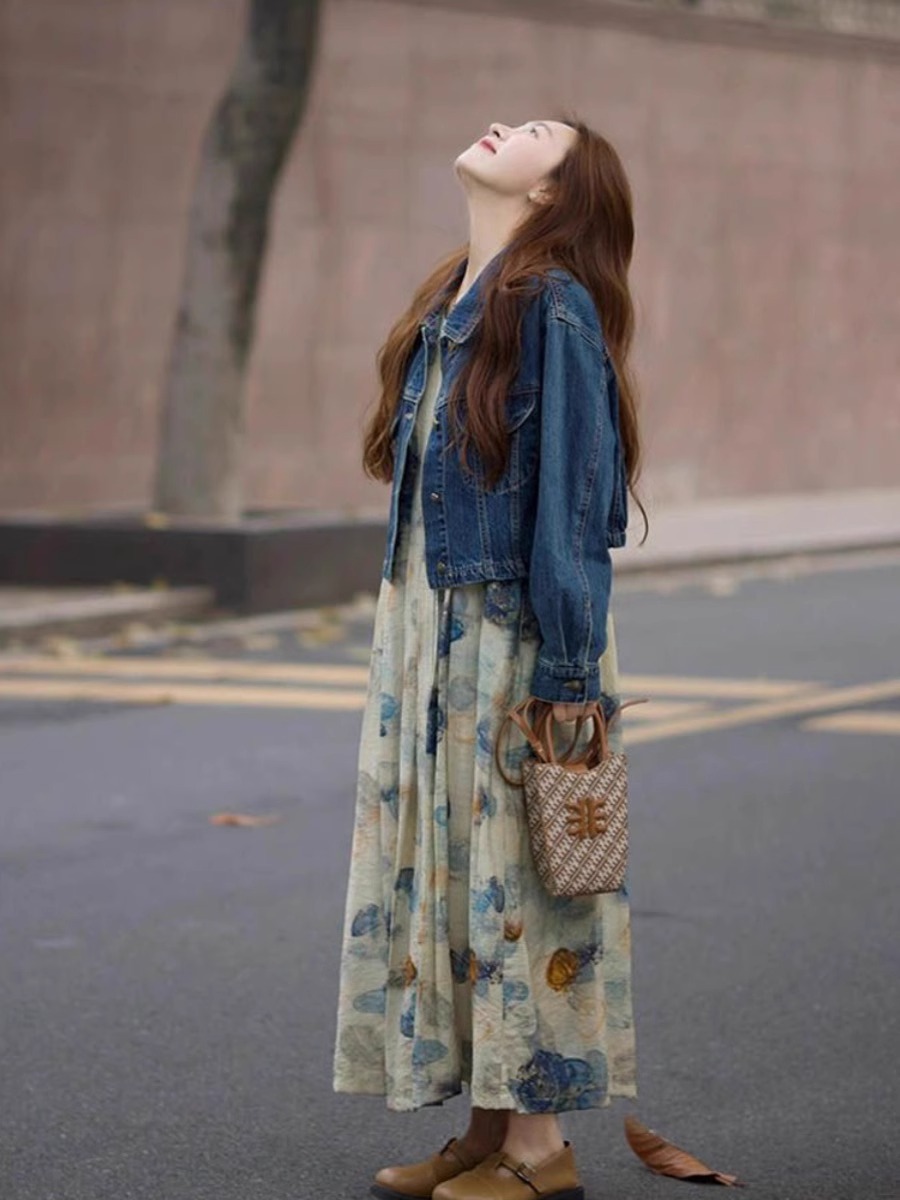 高級感減齡套裝 深藍牛仔外套 水墨畫連衣裙 碎花長裙