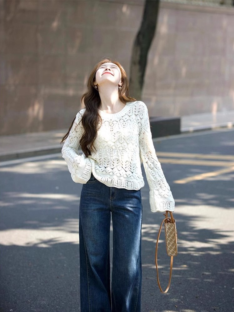 法式鏤空針織上衣 闊腿牛仔褲