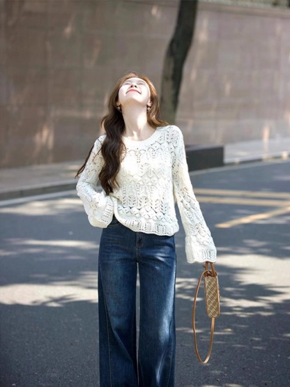 法式鏤空針織上衣 闊腿牛仔褲