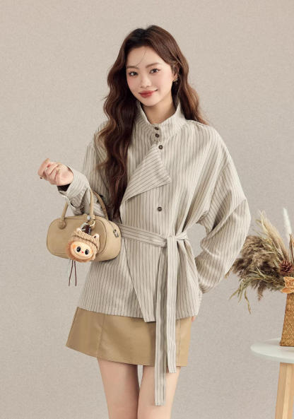 約質感條紋襯衫 綁帶收腰設計感襯衣 秋季寬鬆上衣