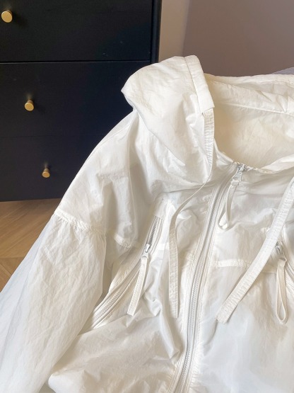 白色薄款防曬衣 女夏季抽繩連帽寬鬆風衣 透氣長袖上衣外套