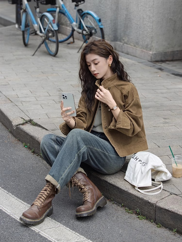 【現貨】復古茶咖色  巴恩風工裝夾克上衣 牛仔短外套 高品質