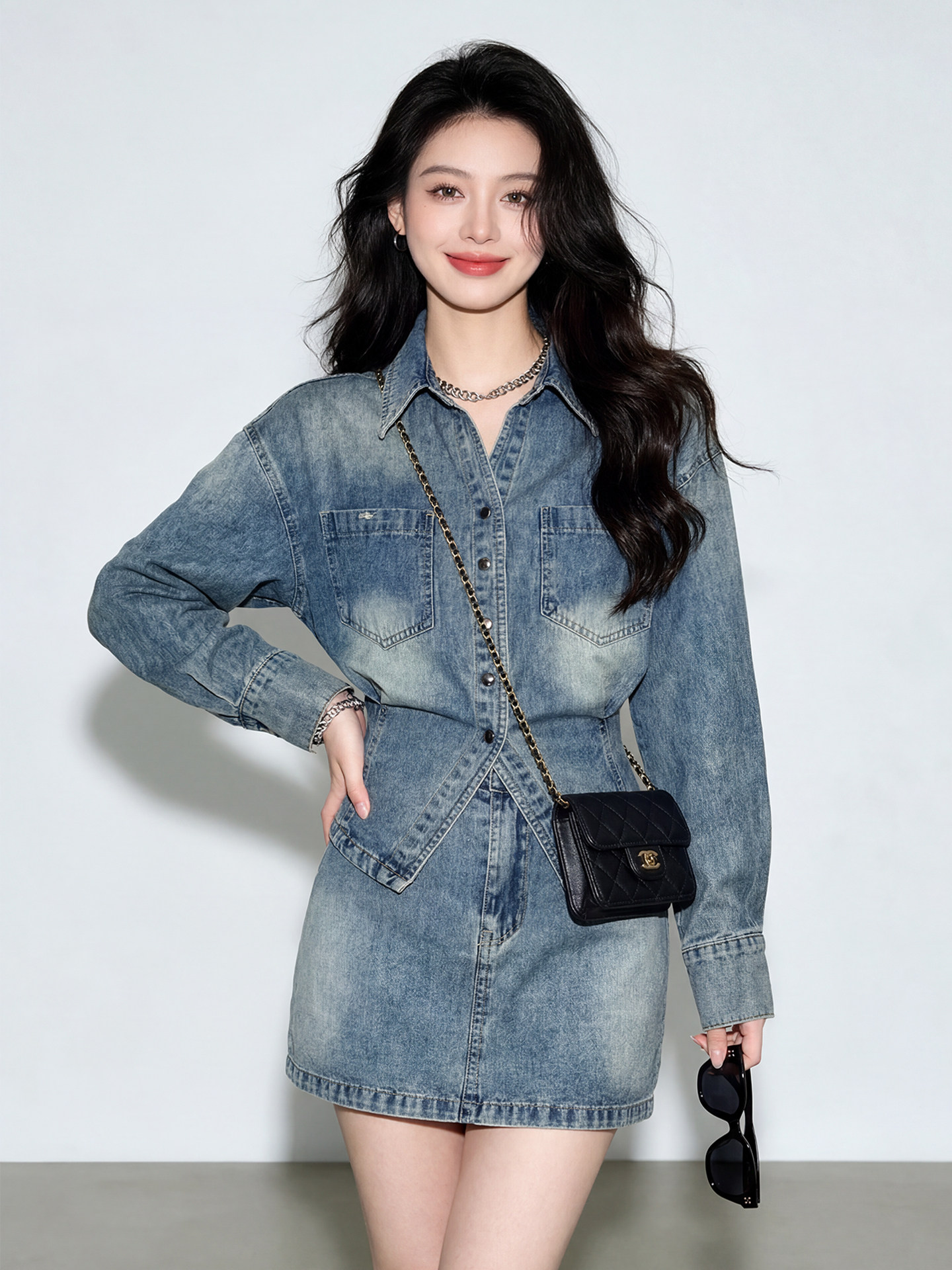 韓系顯瘦牛仔套組 | 氣質收腰牛仔襯衫+牛仔短裙