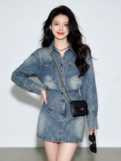 韓系顯瘦牛仔套組 | 氣質收腰牛仔襯衫+牛仔短裙