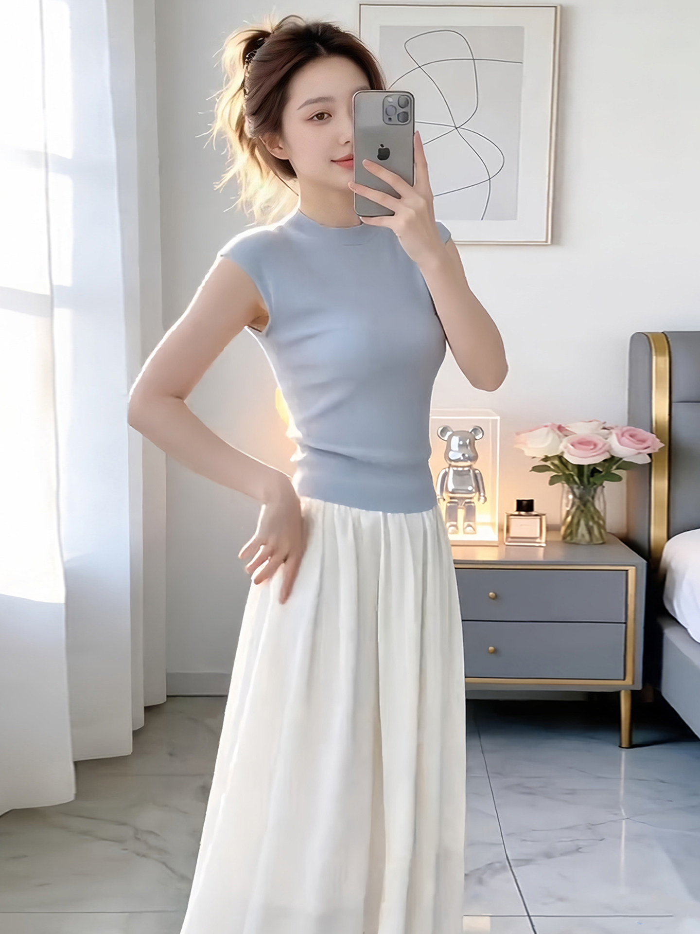 【預售】韓系清新OOTD套裝｜藍色圓領飛袖背心｜白色高腰半身裙